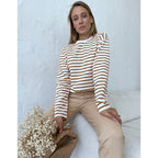 Women's Long Sleeved Striped T Shirt Spring Trendy Wild Casual Round Neck Cotton Striped T Shirt