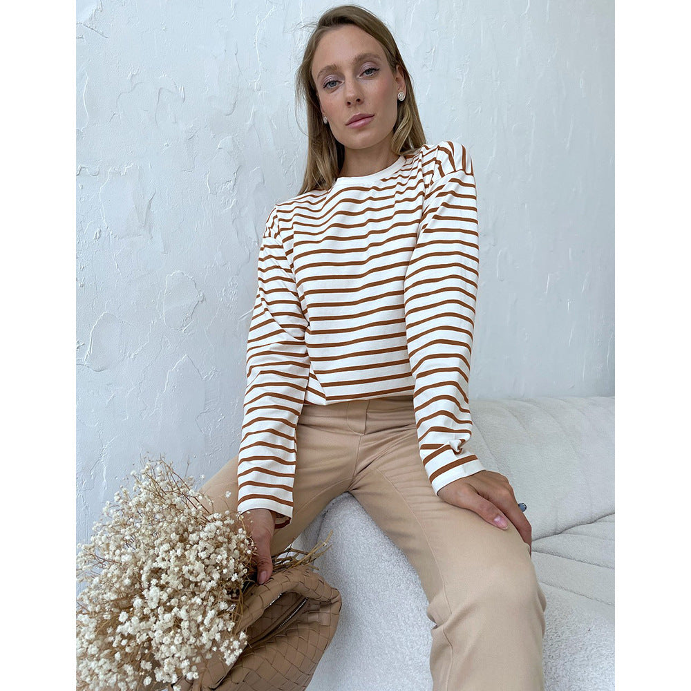 Women's Long Sleeved Striped T Shirt Spring Trendy Wild Casual Round Neck Cotton Striped T Shirt