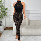 Women's Women Sexy Lace Screen Step See Through Printed Slim Fit Bodysuit Hollow Out Cutout Out Tight Trousers