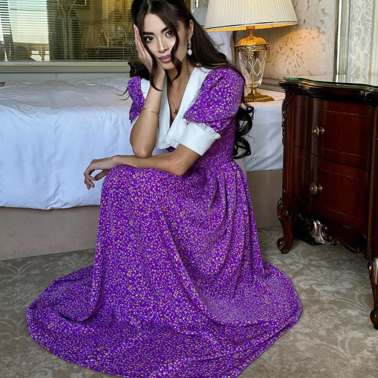 Women's Purple Floral Peter Pan Collar Tie-Neck Dress