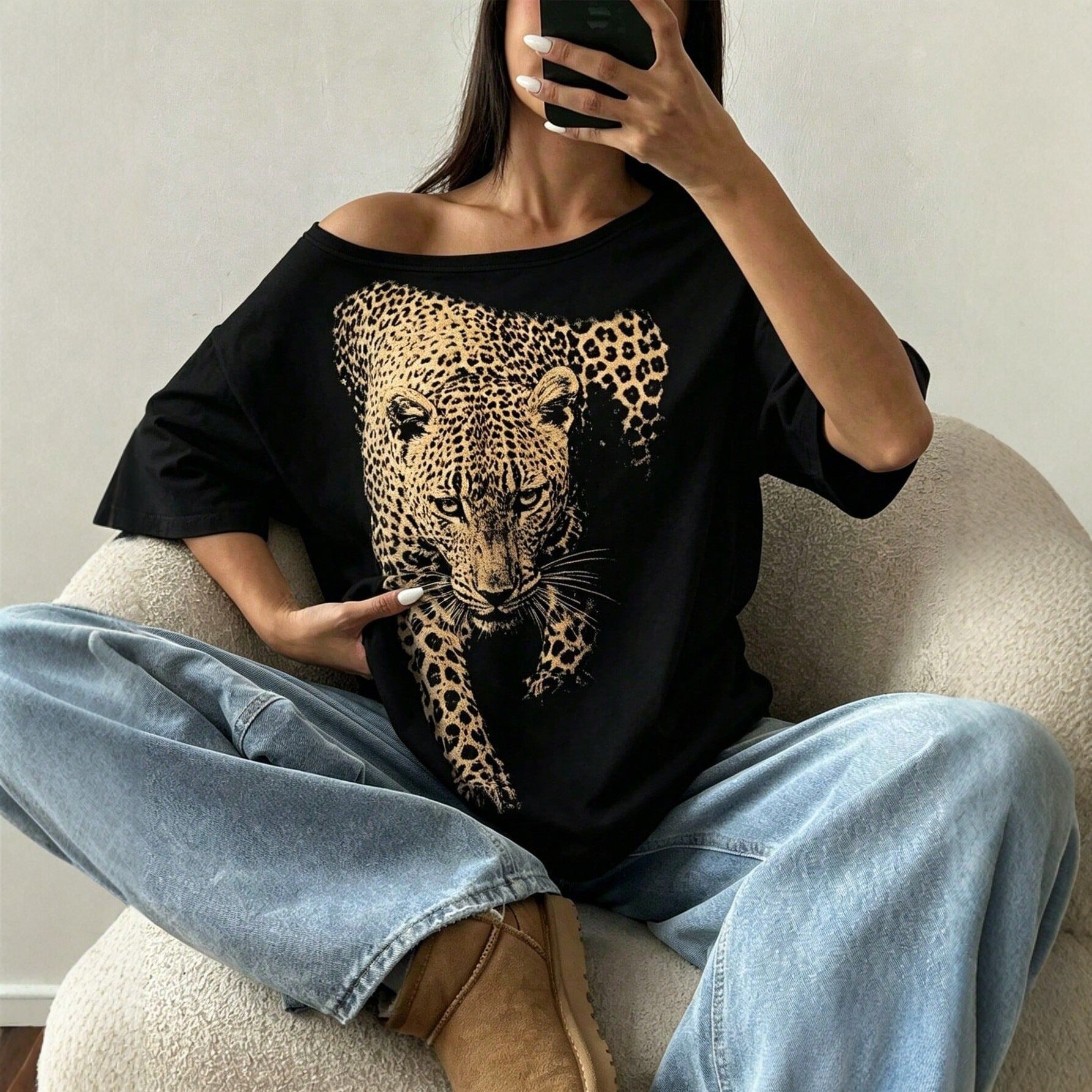 Women's Off Shoulder Short-Sleeved T Shirt Women Leopard Print Loose Slimming Summer Top