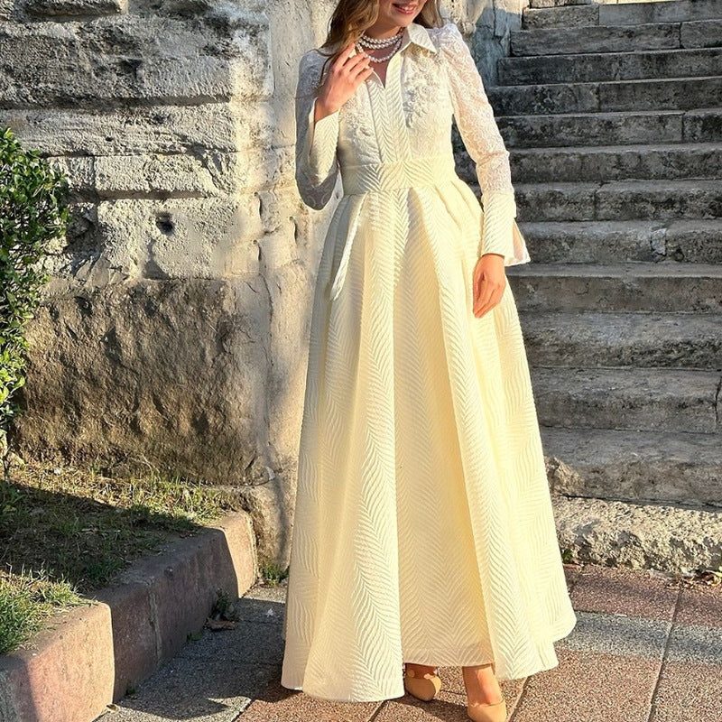 White Lace Sequin Collared Belted Long-Sleeve A-Line Maxi Dress
