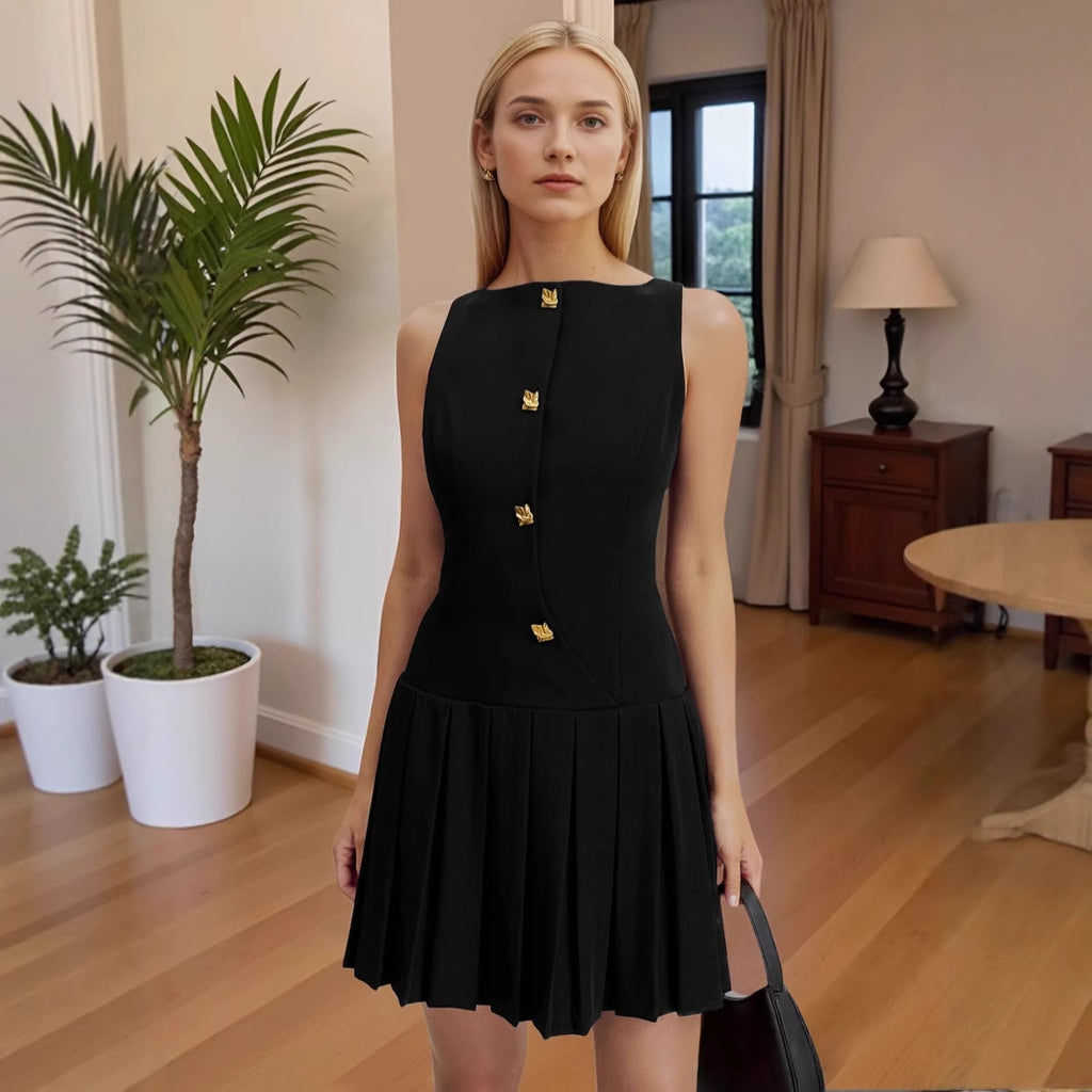 Spring Summer Simple Women's Personalized Wide Hem Pleated Waist Tight Solid