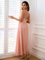 Women's Sequin Mesh Cami Slit Evening Maxi Dress