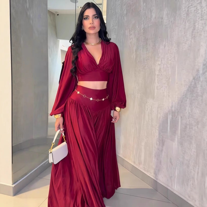 Pleated Top & Wide-Leg Pants Two-Piece Set