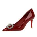 Red Background Patent Leather Rhinestone V Buckle Decorative Pointed Low Cut