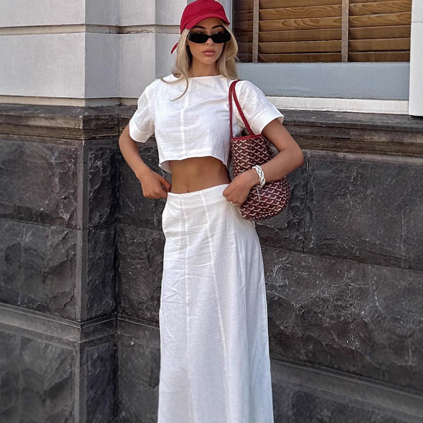 Women's Faux-Linen Cropped Top & High-Waist Skirt Two-Piece Set