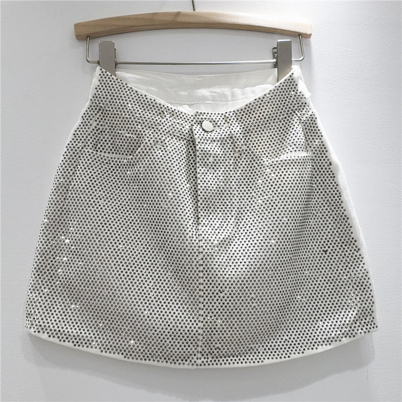 【moq-5 Packs】 Summer Heavy Embroidery Drilling Denim Skirt
