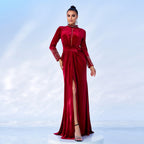 Women's Velvet Long Sleeve Slit Bodycon Maxi Dress