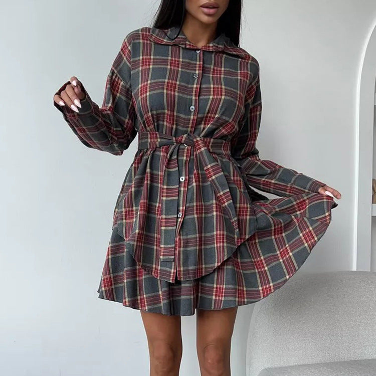Check Skirt Set Collared Loose Shirt Lace