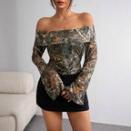 Printed Sheer Mesh Off-Shoulder Top