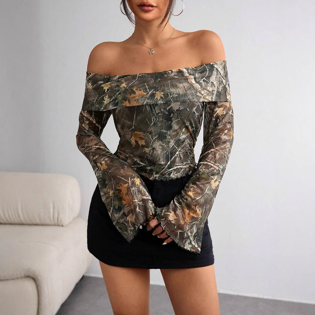 Printed Sheer Mesh Off-Shoulder Top