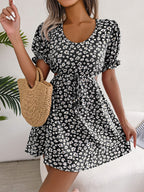 Floral Chiffon Puff Sleeve Cutout Mini Dress