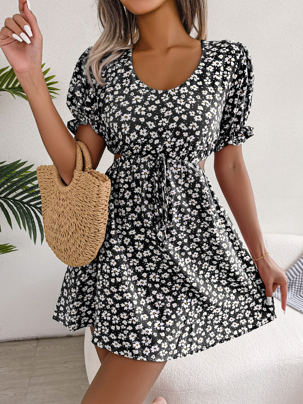 Floral Chiffon Puff Sleeve Cutout Mini Dress