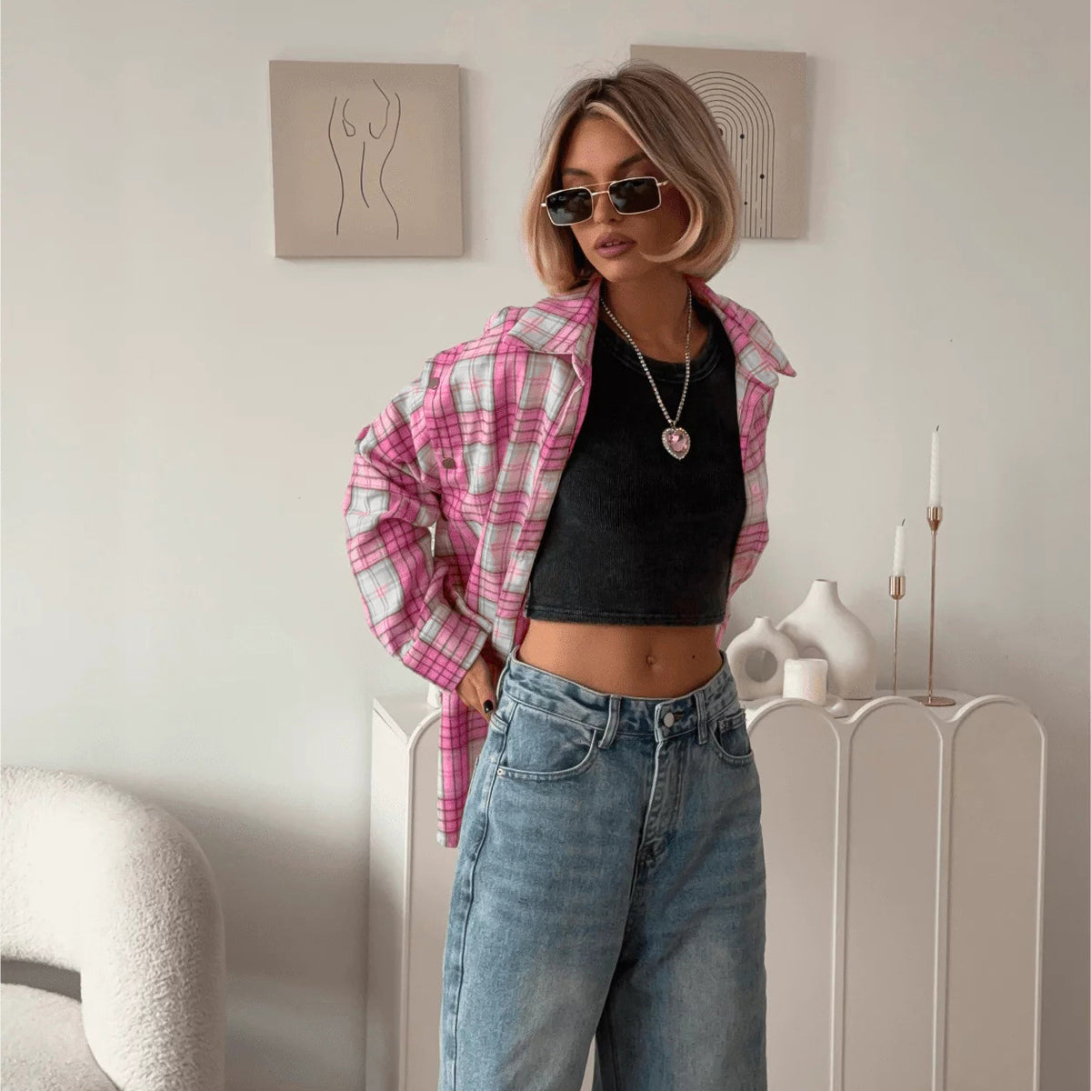 Pink Plaid Collared Shirt