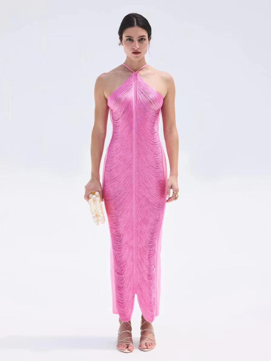 Fringe Halter Split Bodycon Maxi Dress