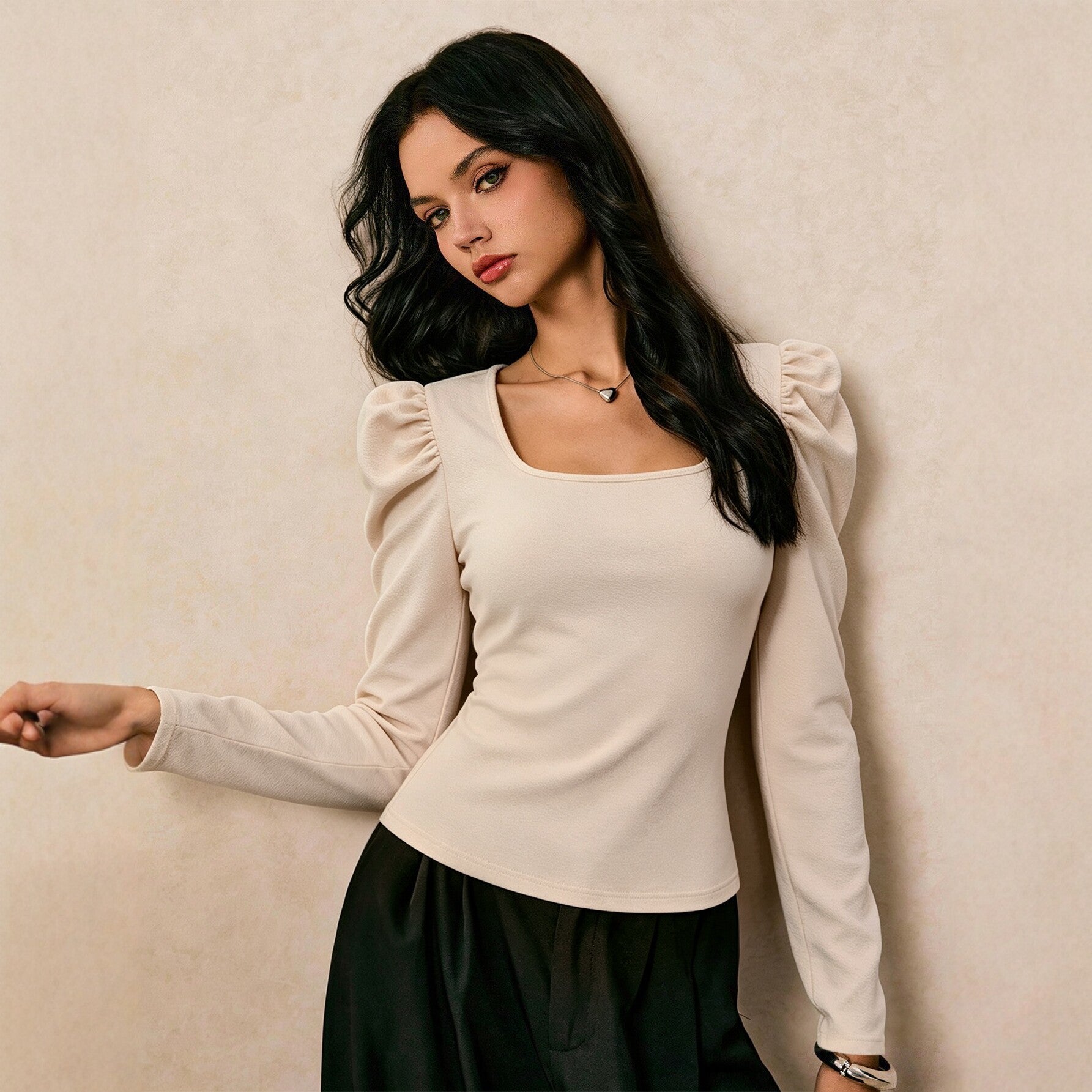 Women Clothing Square Collar Long Sleeved T shirt Women
