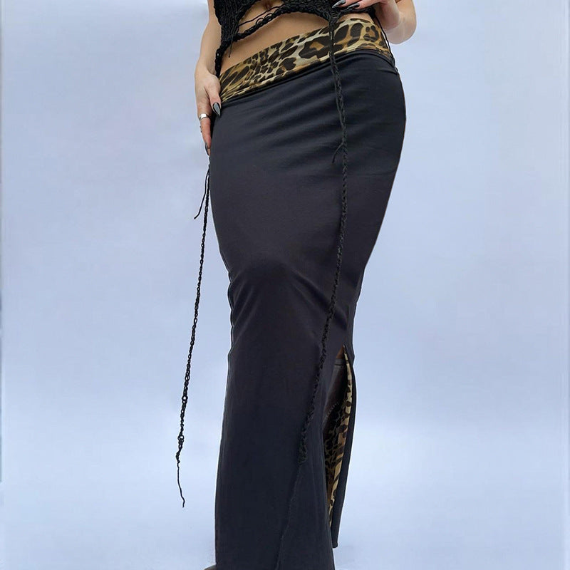 Streetwear Reverse Cuffed Waist Sheath Leopard Skirt