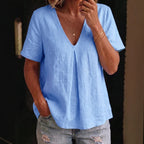 Women Cotton Linen V neck Short Sleeve Loose Slimming