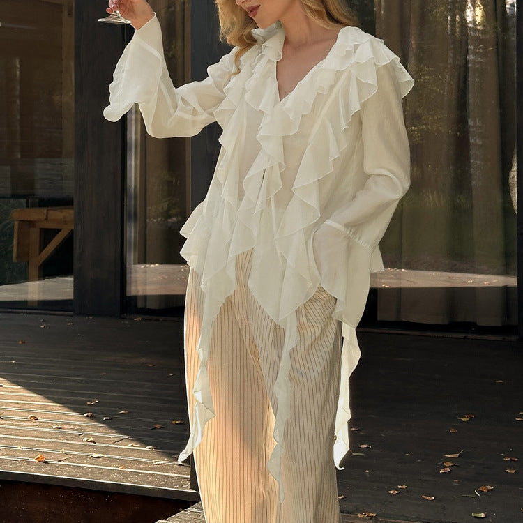 Ruffled Chiffon Long-Sleeve Shirt