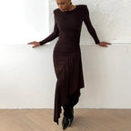 Crew-Neck Ruched Asymmetric Long-Sleeve Bodycon Mini Dress