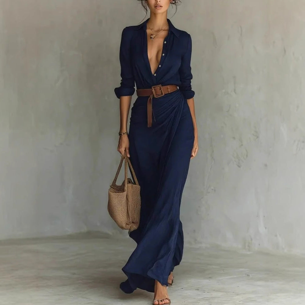 Autumn Elegant Graceful Solid Color Irregular Asymmetric Pleated Dress with Belt