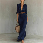 Autumn Elegant Graceful Solid Color Irregular Asymmetric Pleated Dress with Belt