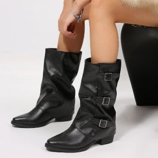 Women's Belt-Buckle Mid-Calf Riding Boots