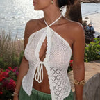 Spring Summer Pure Wool like Hollow Out Cutout out Halter Lace up Sexy Backless Sexy Short Top