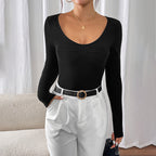 Round Neck Ribbed Black Long Sleeve Jumpsuit
