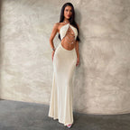 Apricot backless halter maxi dress with embellished open-back chain detail