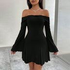 Women's Off-Shoulder Trumpet-Sleeve Bodycon Mini Dress