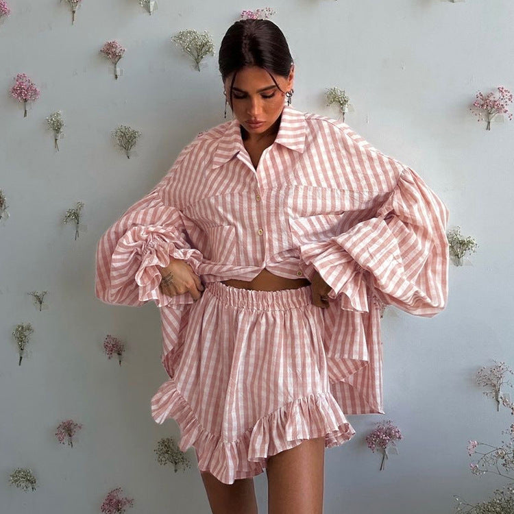 Collared Lantern Sleeve Pocket Cardigan Top Ruffled Set