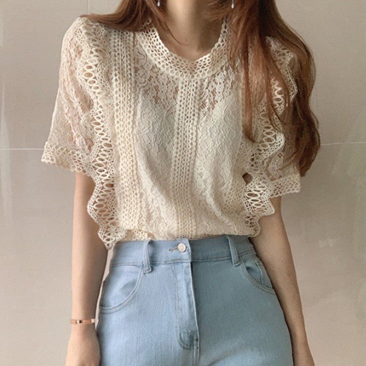 Women's Lace Shirt For Women Summer Solid Color Round Neck Short Sleeves Crocheted Hollow Out Cutout Loose All Matching Western Shirt For Women