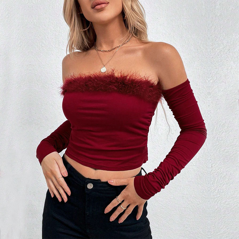 Women's Women's Wine Red T Shirt Off Shoulder Fur Collar Backless