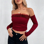 Women's Women's Wine Red T Shirt Off Shoulder Fur Collar Backless