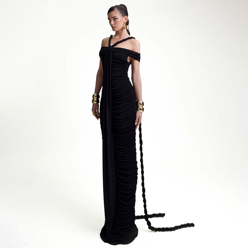 Winter Elegant Graceful Off-Neck Braid Pleated High Waist Figure Flattering Sheath