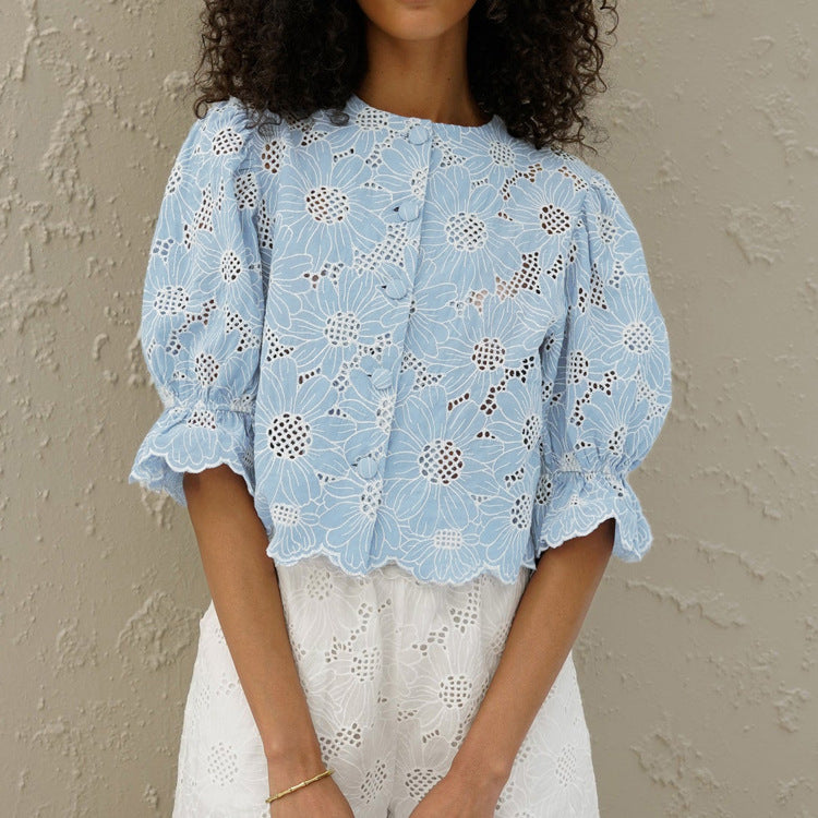 Embroidery Short Shirt Flared Sleeves Cropped Exposed Shirt Top
