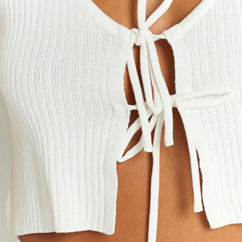 's Cropped Vest Knitted Sunken Stripe Solid Color Lace Up Top