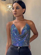 Women's Chain Strap Sequin Halter Crop Top