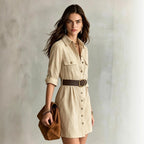 Women's Apricot Belted Shirt Mini Dress
