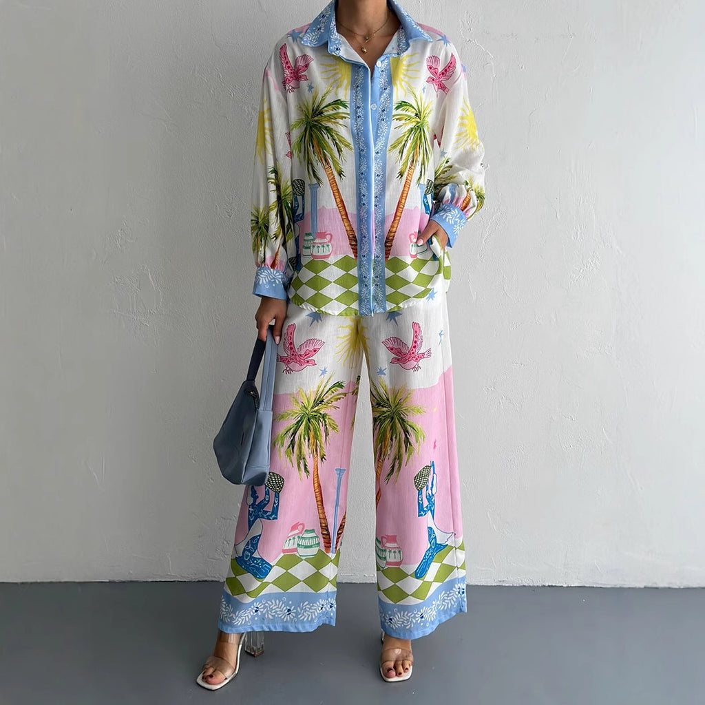 Personalized Printed Long Linen Sleeves Shirt Trousers Two Piece Sets