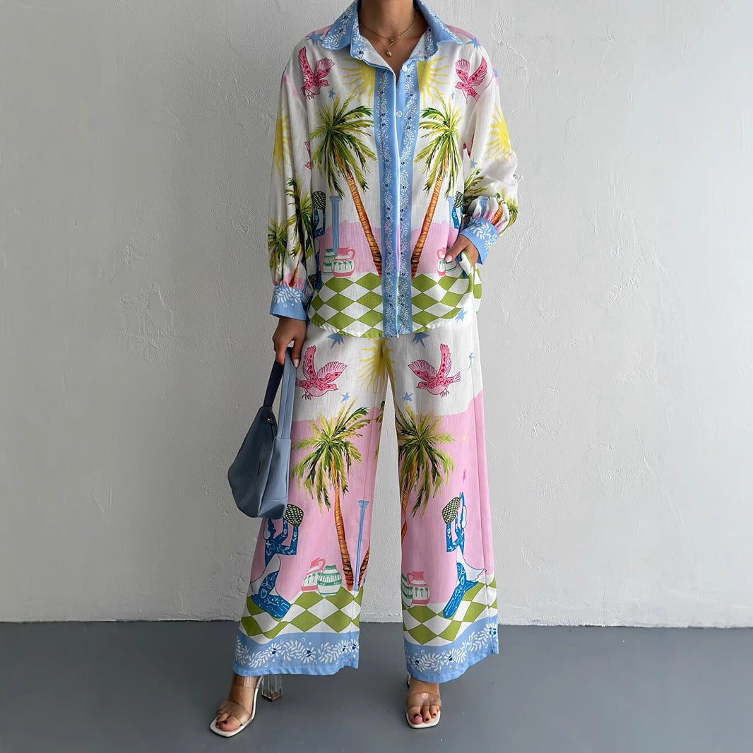 Personalized Printed Long Linen Sleeves Shirt Trousers Two Piece Sets