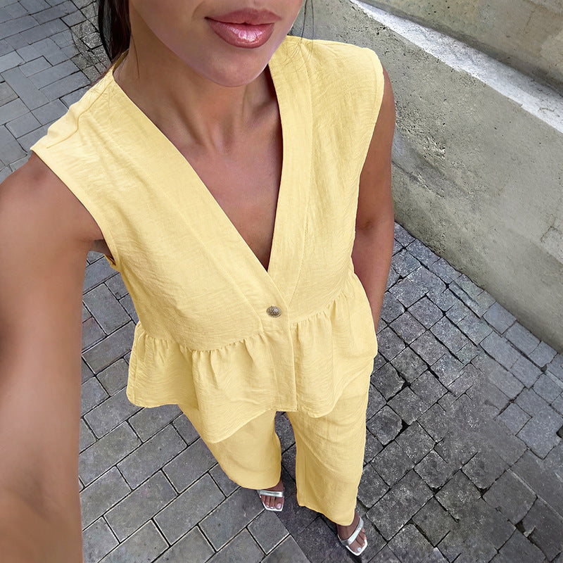 Sweet Office Linen like V neck Sleeveless Vest Trousers Set