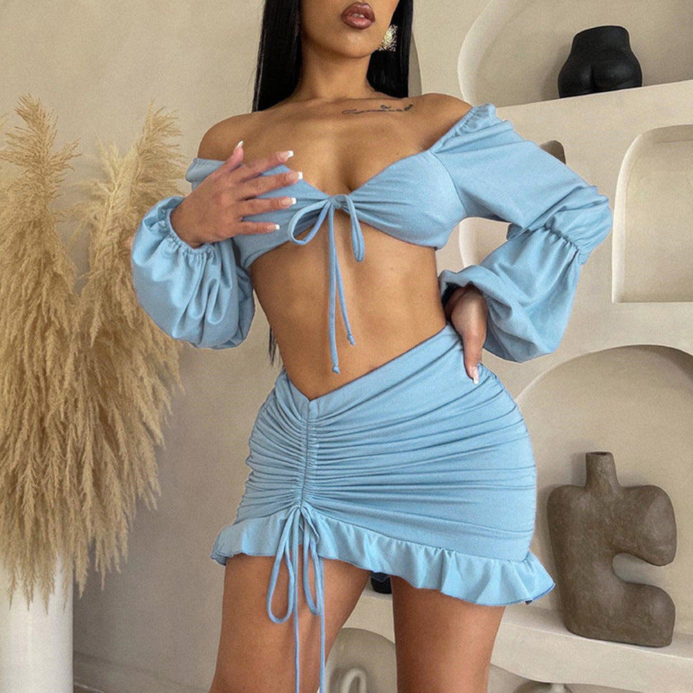 Women's Spring Summer Hollow Out Top and Skirt Two-Piece Set