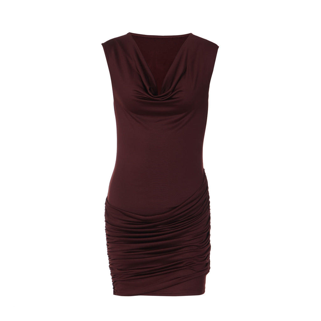 Cowl-Neck Ruched Sleeveless Bodycon Mini Dress