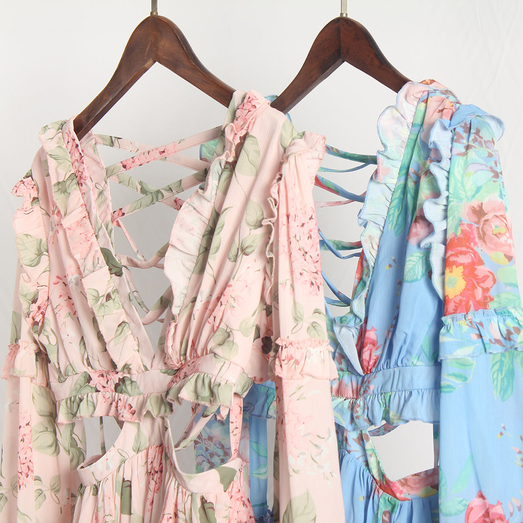 Floral Chiffon Ruffle V-Neck Dress