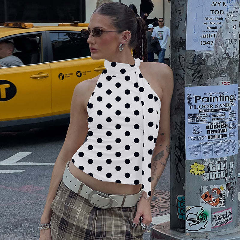 Women's Clothing Summer Lace Up Halterneck Sleeveless T Shirt Sexy Polka Dot Printed Top Wild Vest