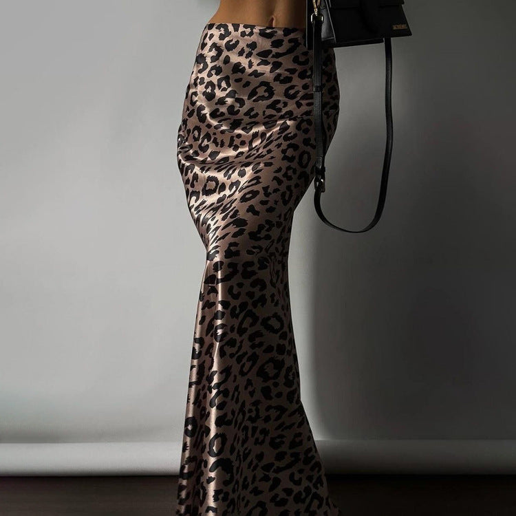 Satin Draping Skirt Leopard Print Sheath Fishtail