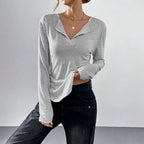 Women's Casual Long Sleeve T Shirt Women V Neck Curved Hem Loose Slimming Basic Bottoming Top